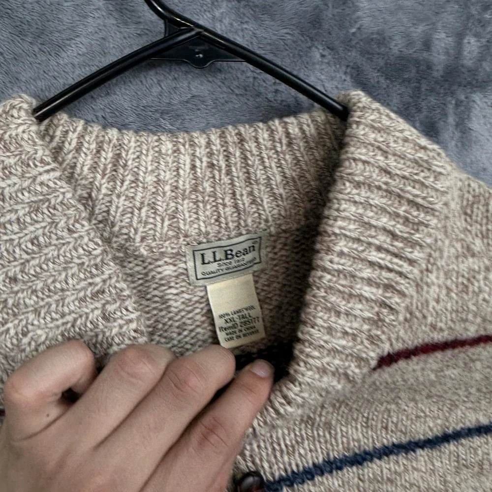 LL Bean Sweater Mens XXL Tall Oatmeal Striped Lambswool Henley Knit 285777